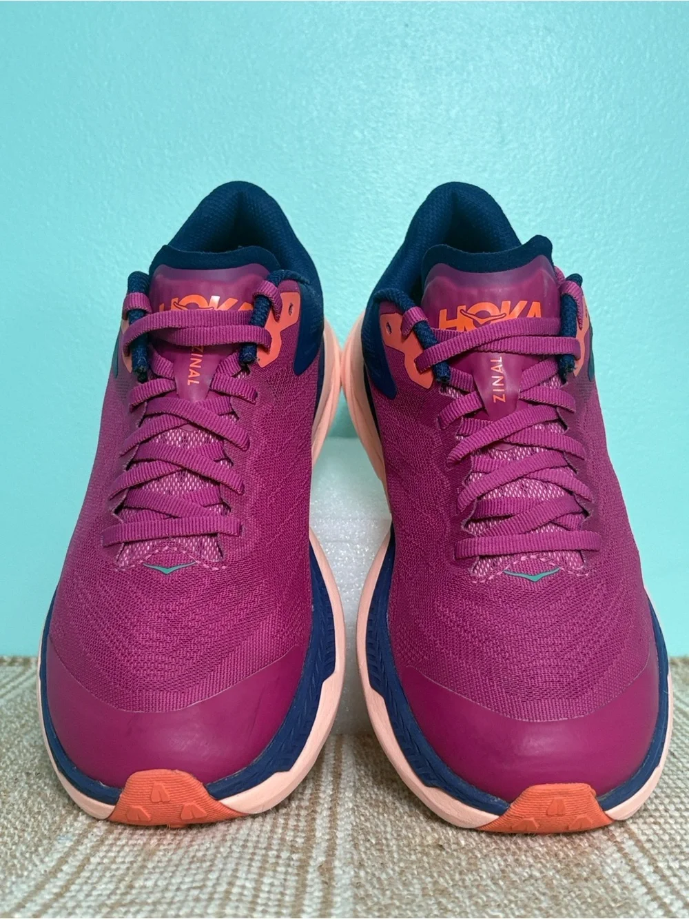 Hoka Women's Zinal Trail Running Shoe. Fuchsia/Navy Blue/Orange Accents. Size-7